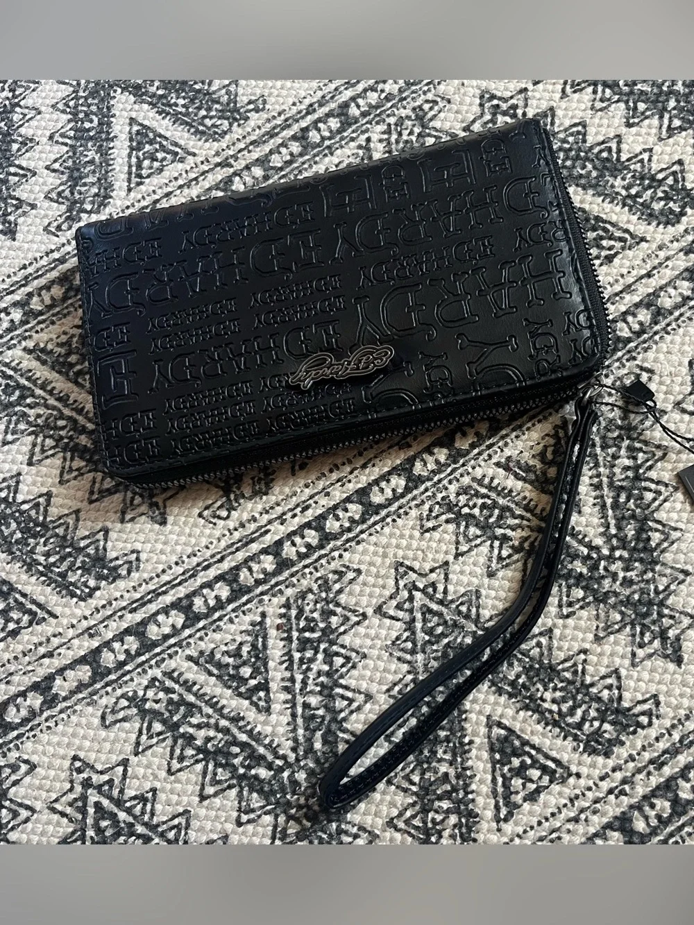 Ed Hardy Black Embossed Logo Zip Wallet with Tag